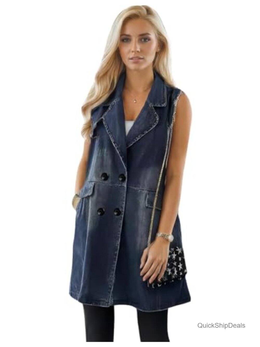 Sleeveless Long Denim Vest with Pockets Casual Distressed Lightweight Jean